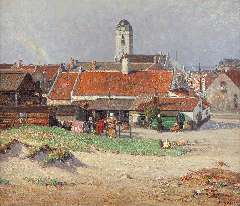 Riess P. - View of Katwijk aan Zee with the Oude Kerk, oil on canvas 60.9 x 70.6 cm, signed l.r.