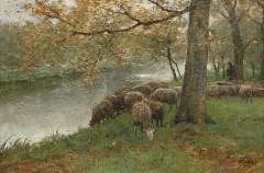Mauve A. - Sheep watering by a river, oil on canvas 60.5 x 90.2 cm, signed l.r.