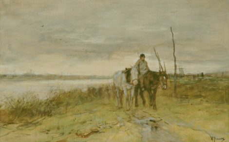 Mauve A. - Horses along a towpath, watercolour on paper 27 x 42.1 cm, signed l.r.