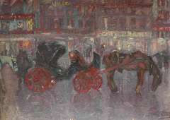 Niekerk M.J. - Waiting carriages by night, oil on board 61.3 x 84.5 cm, signed l.r.