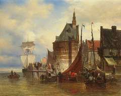 Bommel E.P. van - Moored sailing vessels near the Hoofdtoren of Hoorn, oil on canvas 42.5 x 53 cm, signed l.r. and dated on the reverse june 1877