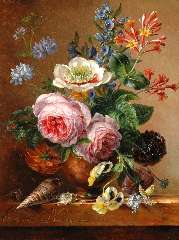 Koning E.J. - An exuberant flower still life on a marble ledge, oil on panel 35.1 x 26.7 cm, signed l.l. and dated 1841