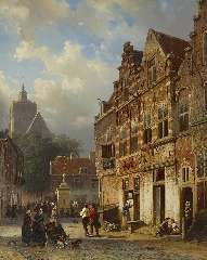 Springer C. - The ‘Koopmanstraat’ and Market, Brielle, oil on panel 50.1 x 40 cm, signed l.l. in full and l.r. with mon. and dated l.r. '54