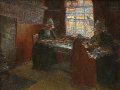 Benoit-Levy J. - Interior with Volendam women, oil on canvas 53.2 x 69.9 cm, signed l.r.