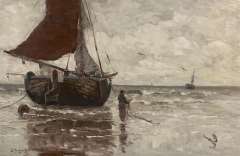 Munthe G.A.L. - Moored sailing ship along the coast, oil on canvas 62.9 x 96.4 cm, signed l.l.