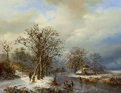 Bodeman W. - A winter landscape with skaters and farmers gathering wood,, oil on panel 58 x 75.4 cm, signed l.l.
