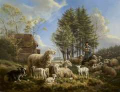 Ronner-Knip H. - Sheep with a shepherd in a landscape, olie op paneel 46.3 x 60.1 cm, signed l.r. and dated 1840