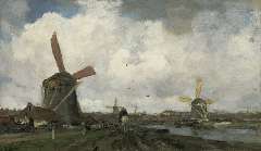 Maris J.H. - Windmills along a canal, oil on canvas 38.3 x 64.9 cm, signed l.l.