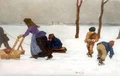 Roessingh L.A. - A winter landscape with children playing, oil on panel 21.4 x 32.4 cm, signed c.r. and dated 1908
