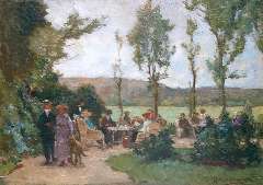 Akkeringa J.E.H. - The tea garden, oil on panel 17.4 x 24.6 cm, signed l.r.