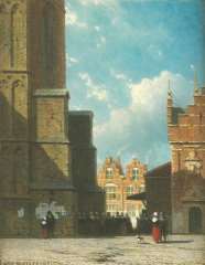 Weissenbruch J. - The Grote Markt, Haarlem, with St. Bavokerk and meat-market, oil on panel 19 x 14.9 cm, signed l.l.