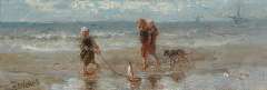 Israels J. - Children of the sea, oil on panel 12.9 x 37.6 cm, signed l.l.