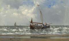 Carlebur F. - The ‘Katwijk 16’ in the surf, oil on canvas 30.7 x 51 cm, signed l.r.