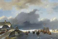 Roosenboom / Schaep Nicolaas Johannes / Henri Adolphe - A winter landscape with skaters near a koek-en-zopie, oil on can 48 x 68 cm