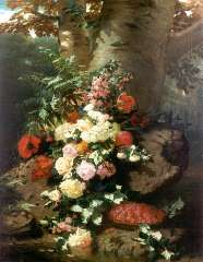 Robie J.B. - Flower still life with roses, blossoming branches and raspberries, oil on canvas 137.7 x 106 cm, signed l.l. and dated 1864