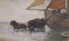 Sluiter J.W. - Loading the nets onto the ‘Katwijk 7’, watercolour on paper 28.8 x 46.7 cm, signed l.r. and painted '98