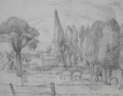 Kruyder H.J. - A Limburg landscape with a church tower, pencil on paper 26 x 32.8 cm, signed l.l. with monogram and painted in 1923-1927