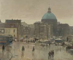 Vreedenburgh C. - Vreedenburgh C. The Prins Hendrikkade, Amsterdam, with the Stromarkt and the Ronde Lutherse Kerk, oil on canvas 59.3 x 72.8 cm, signed l.r. and dated 1931