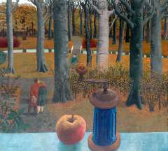 Berserik H. - A view from the artist’s studio; lovers in the woods, tempera on canvas 100 x 110 cm, signed l.l. and painted between 1964-1965