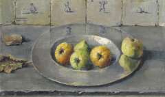 Dam van Isselt L. van - A still life with apples on a pewter plate, oil on painter's board 38.4 x 62.9 cm, signed l.r and painted ca. 1940-1941