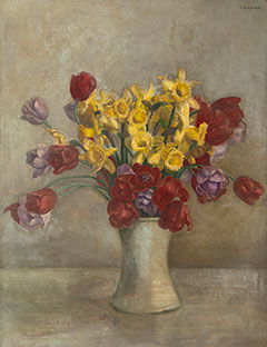 Vilmos Huszár - Tulips and daffodils in a vase, oil on canvas 68.1 x 52.9 cm, signed u.r.
