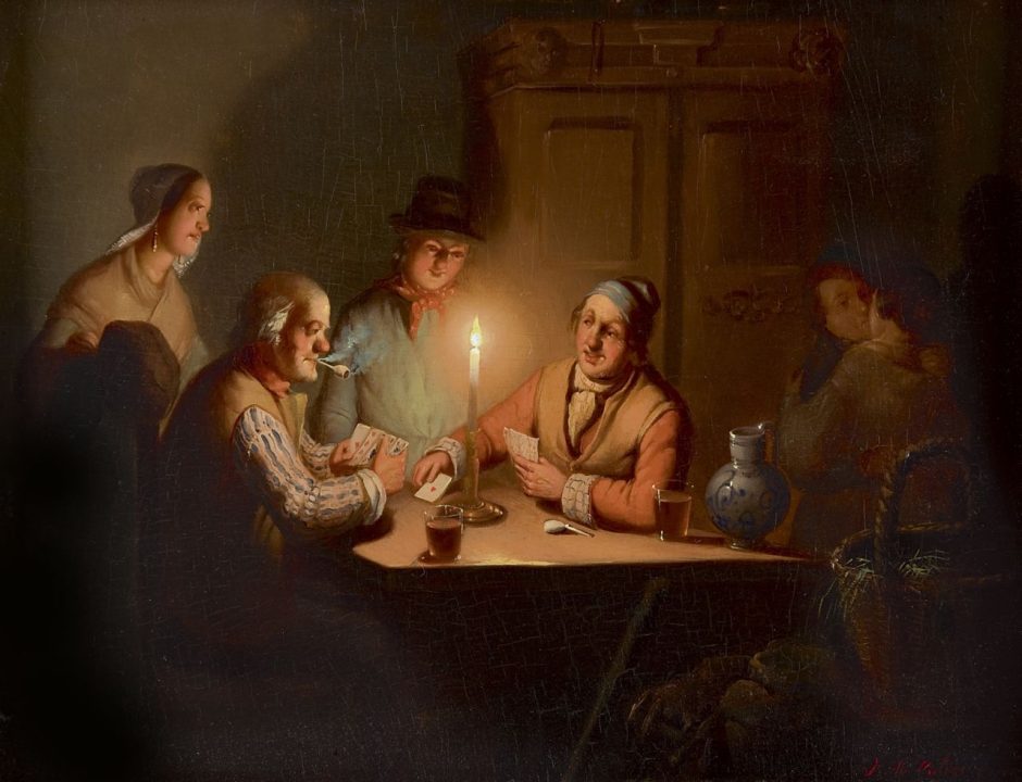 Johan Mengels Culverhouse - Card players by candlelight, oil on panel 23.6 x 31.2 cm , signed r.o.
