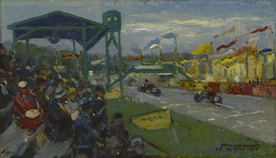Joop Kropff - At the International Motor Races TT (Tourist Trophy) in Assen, oil on canvas laid down on paper 16 x 27 cm , signed l.r. and dated 'TT 24 June 1933'