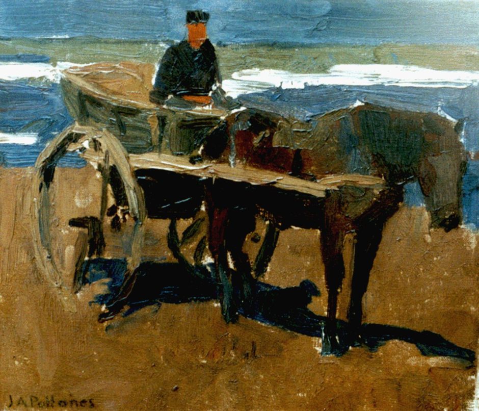 Jean Albert Pollones - Horsedrawn cart on the beach, oil on canvas 27.4 x 31.4 cm , signed l.l.