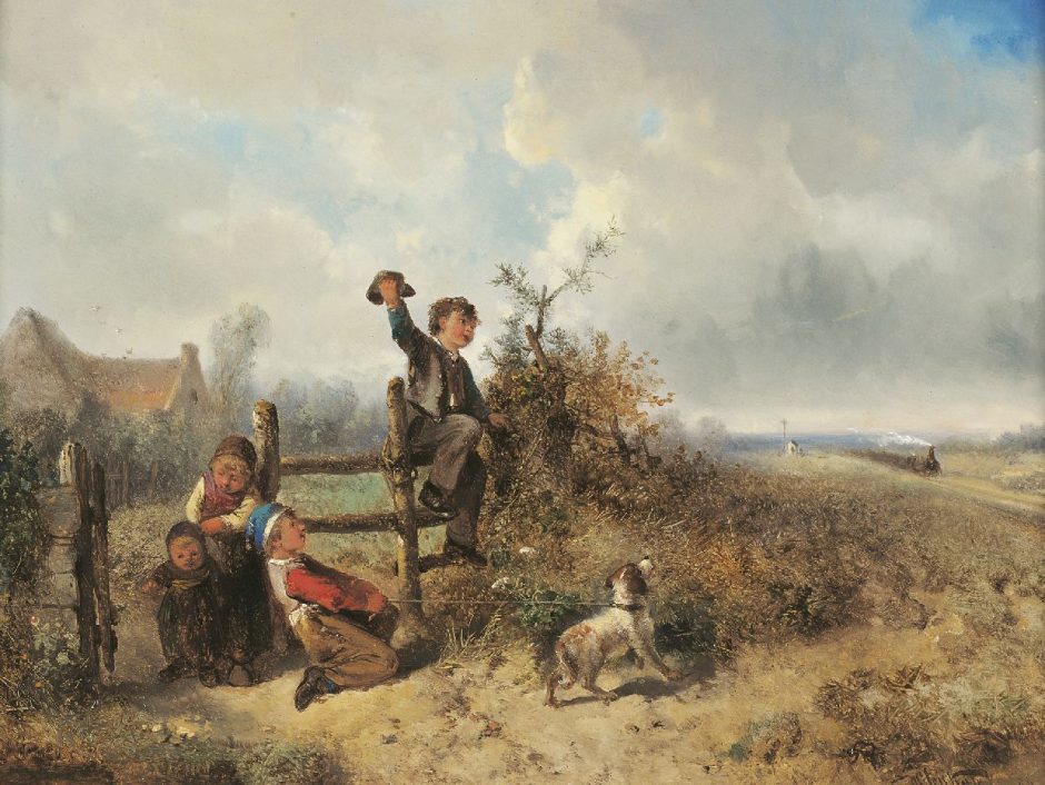 Mari ten Kate - The steam locomotive is approaching, oil on panel 30.5 x 41.2 cm , signed l.r. and dated '64