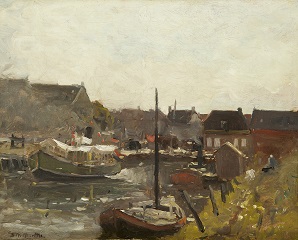 Munthe G.A.L. - A Dutch fishing harbour, oil on canvas 40 x 50 cm, signed l.l