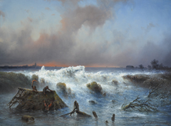 Hilverdink J. - The bursting of the Grebbedijk on March 5th 1855, oil on panel 37.1 x 50.1 cm, gesigneerd r.o. and dated 1855