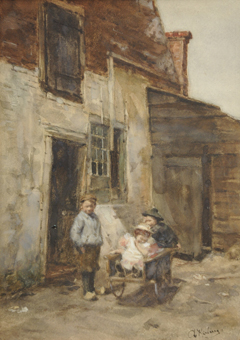 Kerling A.E. - Children playing with a wheelbarrow, watercolour on paper 38.4 x 27.6 cm, signed l.r.