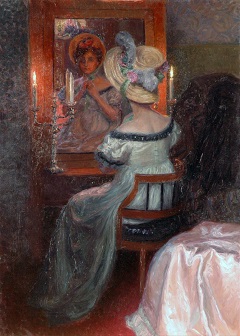 Lenz M. - Lady with hat before the mirror, oil on canvas 110.5 x 80.3 cm, executed ca. 1910