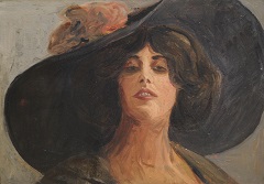 German school early 20th - Lady with a Hat, oil on board 24.8 x 35 cm