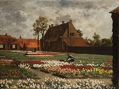 Koster A.L. - A bulb field with the house of ‘Benedictus de Spinoza’, Rijnsburg, oil on canvas 75.1 x 100.4 cm, signed l.l.