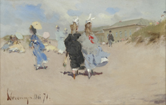 Kaemmerer A.F. - Elegant ladies at the Scheveningen beach, oil on board 15.5 x 24 cm, dated  'Scheveningen Mai '71'