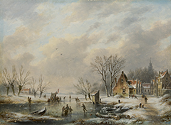 Hendriks G. - Skating fun by a snowy village, oil on panel 26 x 35,1 cm