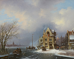 Stok J. van der - A busy day in an town on a frozen river, oil on canvas 40.8 x 50.6 cm, signed l.r. and dated '59