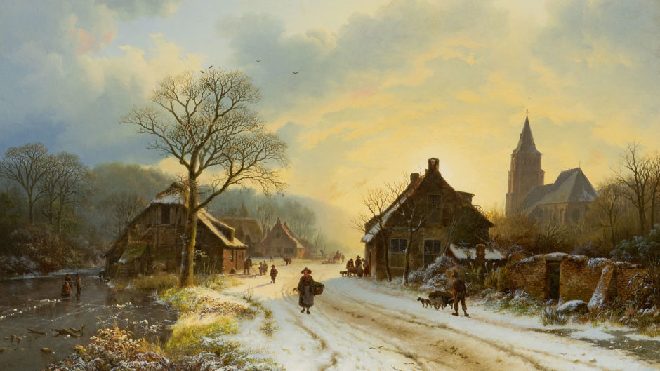 Barend Cornelis Koekkoek for sale - Winter scene with travelers and figures on the ice - oil on canvas