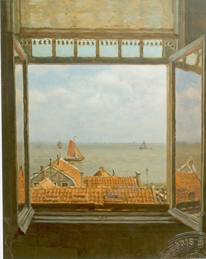 Tholen W.B. - View of the Zuiderzee from Hotel van Diepen, Volendam, oil on canvas 70 x 58,5 cm, l.r.