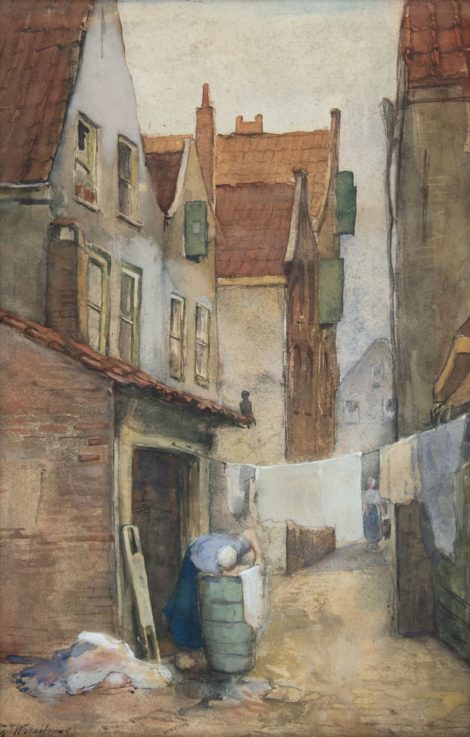 Breitner G.H. - Alley in Rotterdam with laundress, watercolour on paper 39,1 x 25,7 cm, l.l. and dated '80