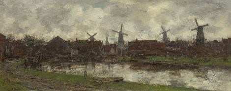Jacob Maris - The four windmills, Schiedam, oil on canvas 45.0 x 112.6 cm , signed l.l.