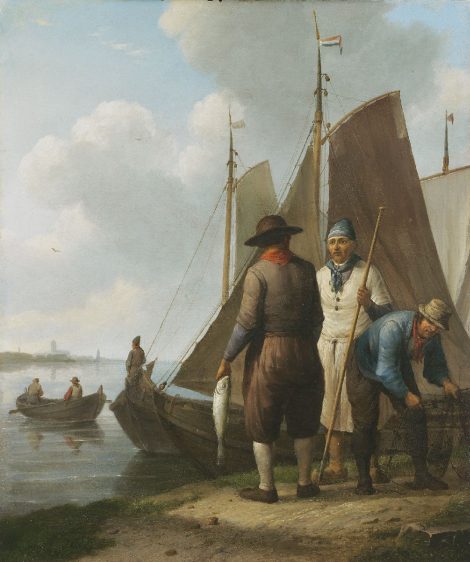 Johannes Hermanus Koekkoek - Fishermen with their catch, oil on panel 36.4 x 30.6 cm, signed l.r. and painted ca. 1834