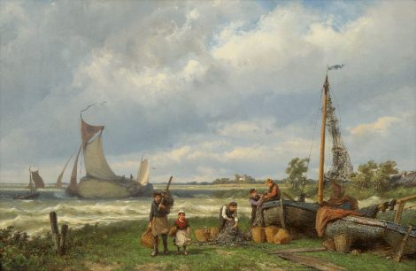 Jan H.B. Koekkoek - At the zuiderzee, oil on canvas 42.8 x 67.2 cm, signed on the reverse and dated on the reverse 1881: 'Dit schilderij is door mij ondergetekende vervaardigd, Hilversum 1881, Jan H.B. Koekkoek'