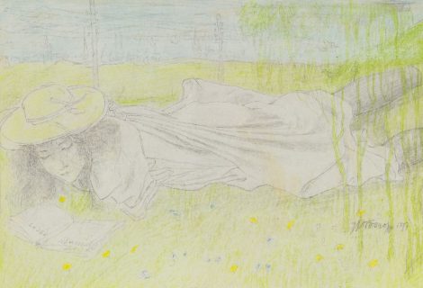Jan Toorop - Young woman reading feminist prose (‘Vrouwenrecht’), pencil and chalk on paper 16.2 x 20.5 cm, signed l.r. and dated 1897