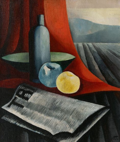 Charley Toorop - Still life with fruit, a bottle and a newspaper, oil on canvas 60.2 x 50.5 cm, signed l.r. with initials and painted circa 1926