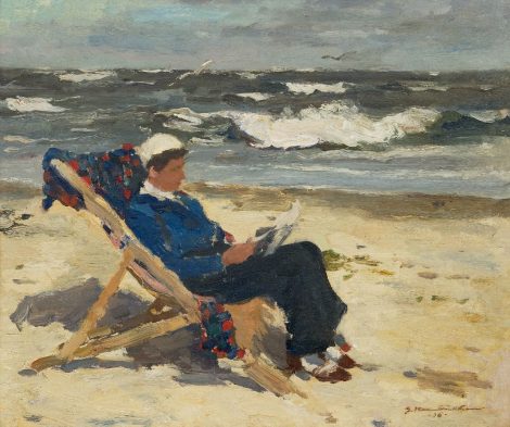 Georg Hambüchen - Lady reading in a beach chair, oil on board 38.4 x 46.0 cm, signed l.r. and dated '36