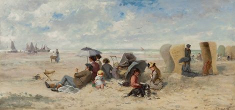Johannes Marius ten Kate - Family day on the Scheveningen beach, oil on panel 33.3 x 69.2 cm, signed l.r.