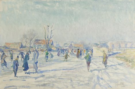 Hendrik Jan Wolter - Skaters on the Boerenwetering, Amsterdam, oil on canvas 40.5 x 60.6 cm, signed l.r. and carries studiostamp on the reverse and painted ca 1915
