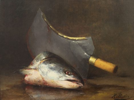 Hubert Bellis - A still life with a fish head and cleaver, oil on canvas 47.2 x 63.0 cm, signed l.r.